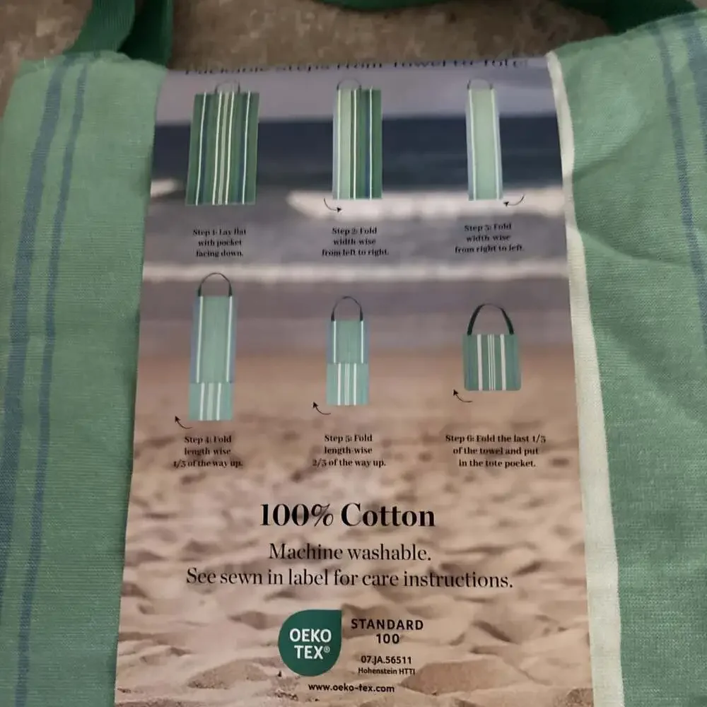 Himatsingka America Beach Towel Tote Bag Green Multicolor Striped 2-in-1 Cotton